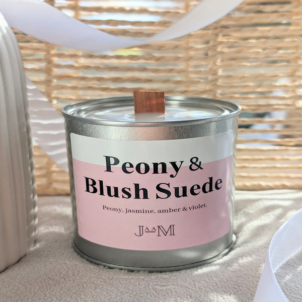 Peony & Blush Suede wood wick candle.