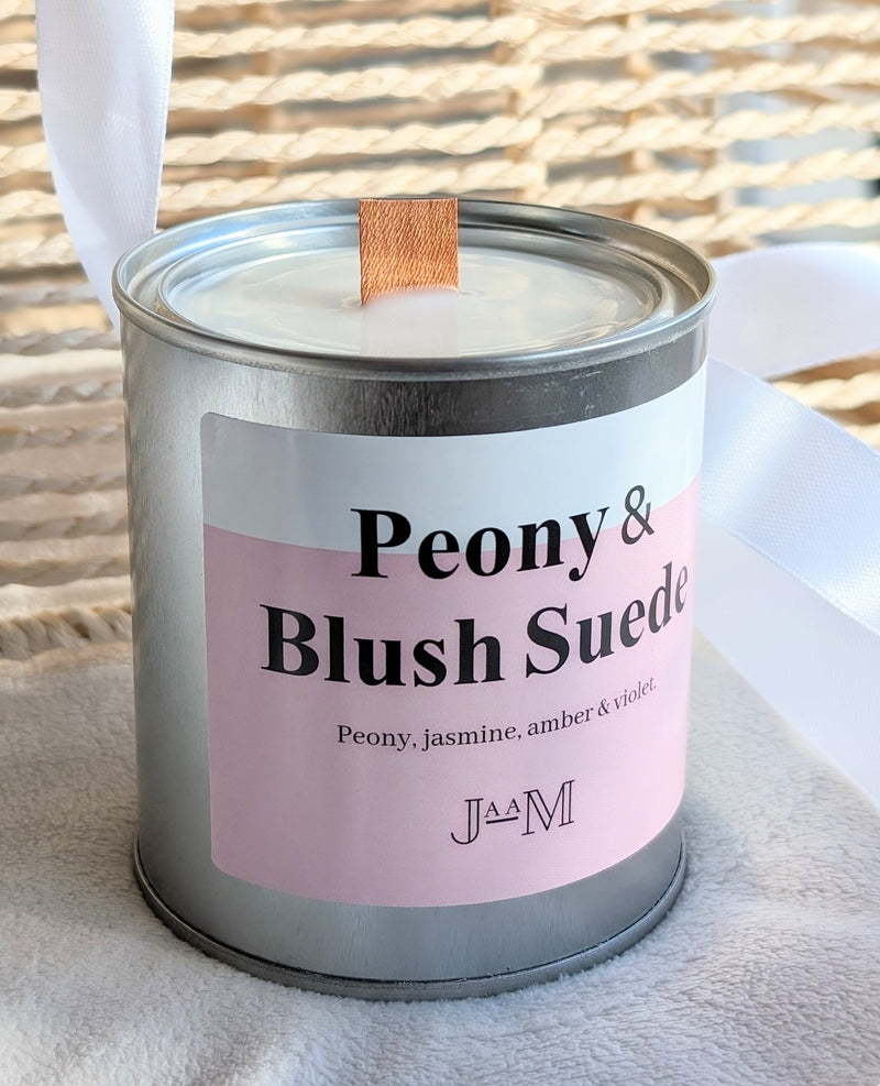 Peony & Blush Suede wood wick candle.